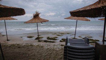 A beach scene featuring straw umbrellas, gentle waves, and seaweed on a cloudy day.