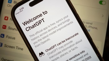 A smartphone displaying the welcome screen for the ChatGPT app with settings in the background.