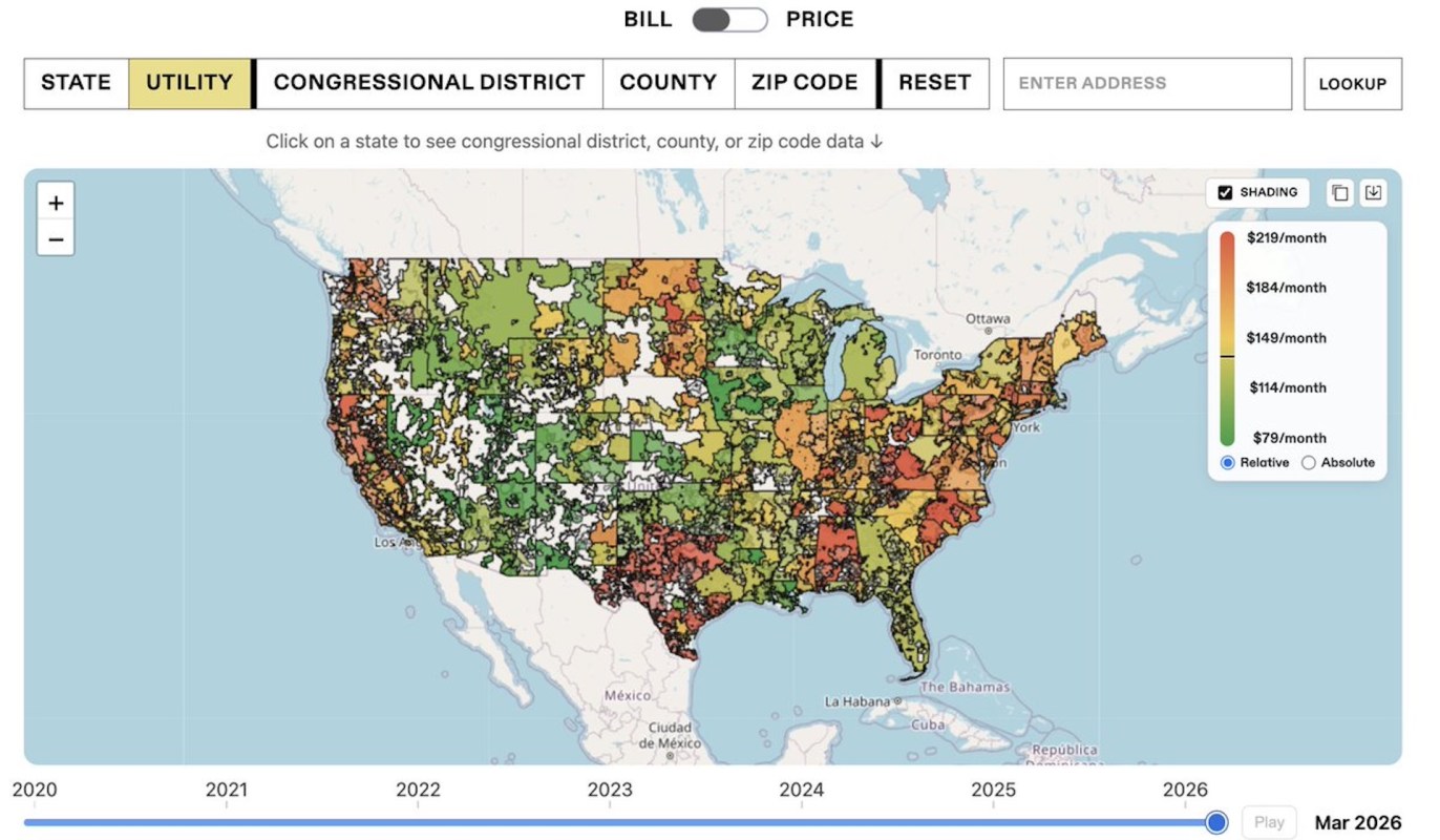 A color-coded map of the United States showing utility pricing data across different states from 2020 to 2026.