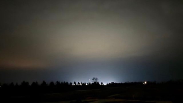 A dimly lit sky with subtle color gradients and distant lights peeking through silhouetted trees from a data center.