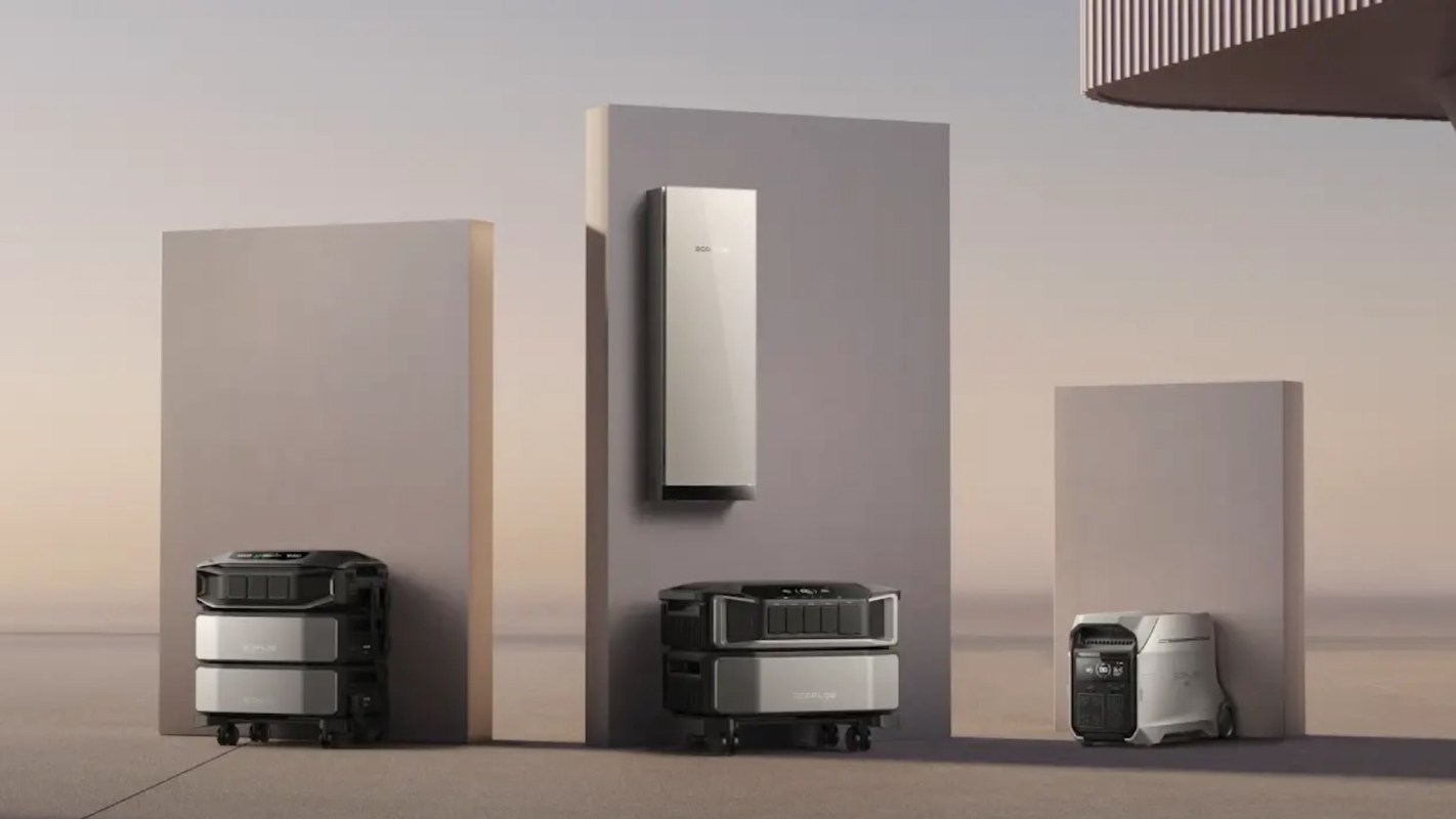 Three modern energy storage devices are displayed on minimalist pedestals against a soft, neutral background.
