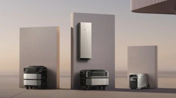 Three modern energy storage devices are displayed on minimalist pedestals against a soft, neutral background.