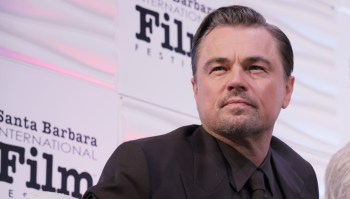 Leonardo DiCaprio in a black suit.