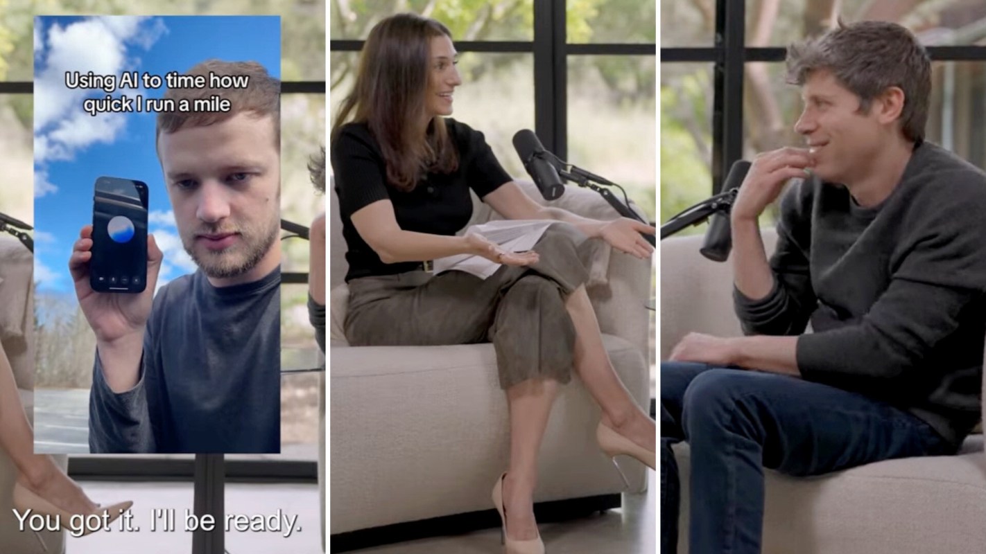 A conversation among three individuals, including Sam Altman, discussing the use of AI in timing a mile run.
