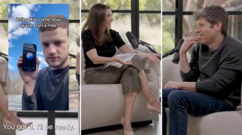 A conversation among three individuals, including Sam Altman, discussing the use of AI in timing a mile run.