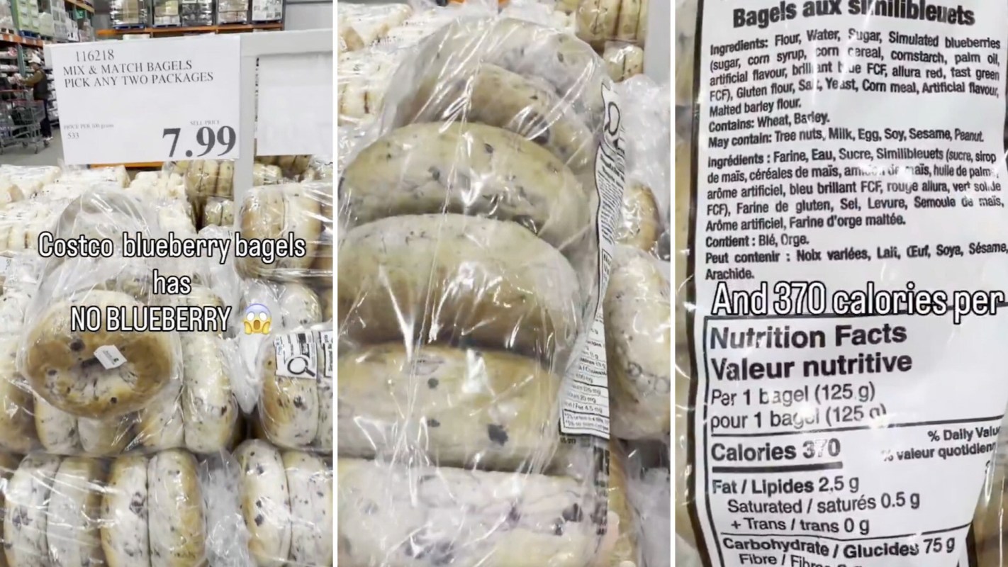 A display of Costco blueberry bagels, labeled as having no blueberries, with nutritional information and ingredients visible.