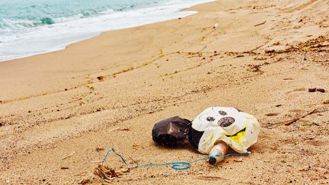 A discarded balloon and plastic bottle laying on a sandy shore near gentle ocean waves.