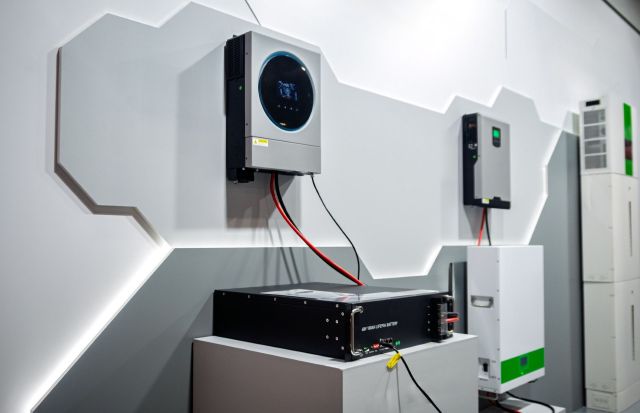 A modern battery storage system and cables with multiple inverters mounted on a gray wall.