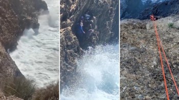 Three images depict rocky coastal cliffs with waves crashing, people on a ledge, and climbing equipment on the ground.