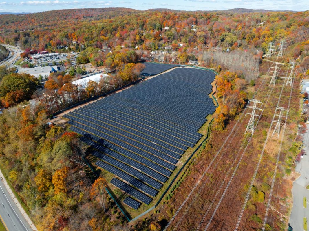 A large solar farm surrounded by autumn foliage and power lines.