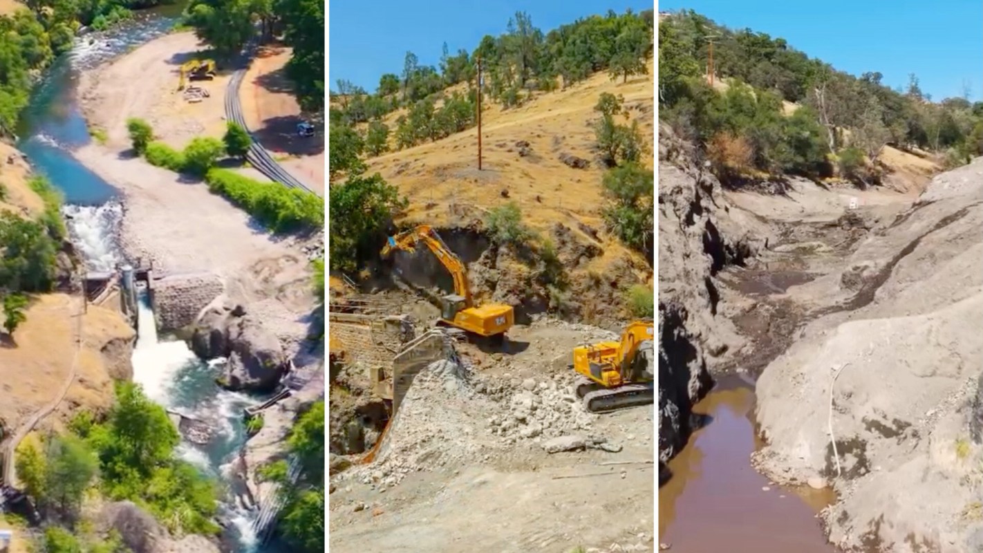 Aerial views of a river, construction equipment, and a dry riverbed in a landscape undergoing environmental changes.