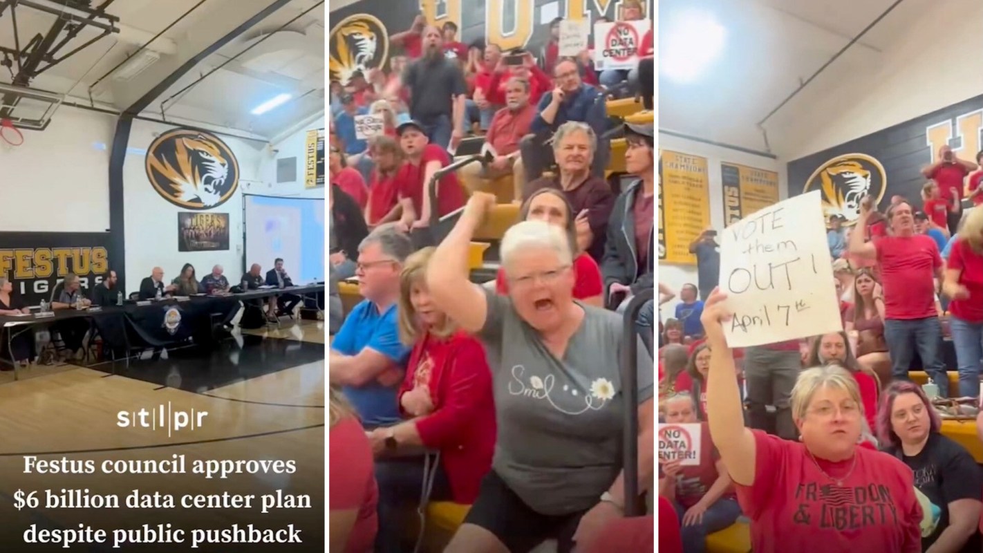 A tense town hall meeting with attendees in red shirts protesting against a data center proposal.