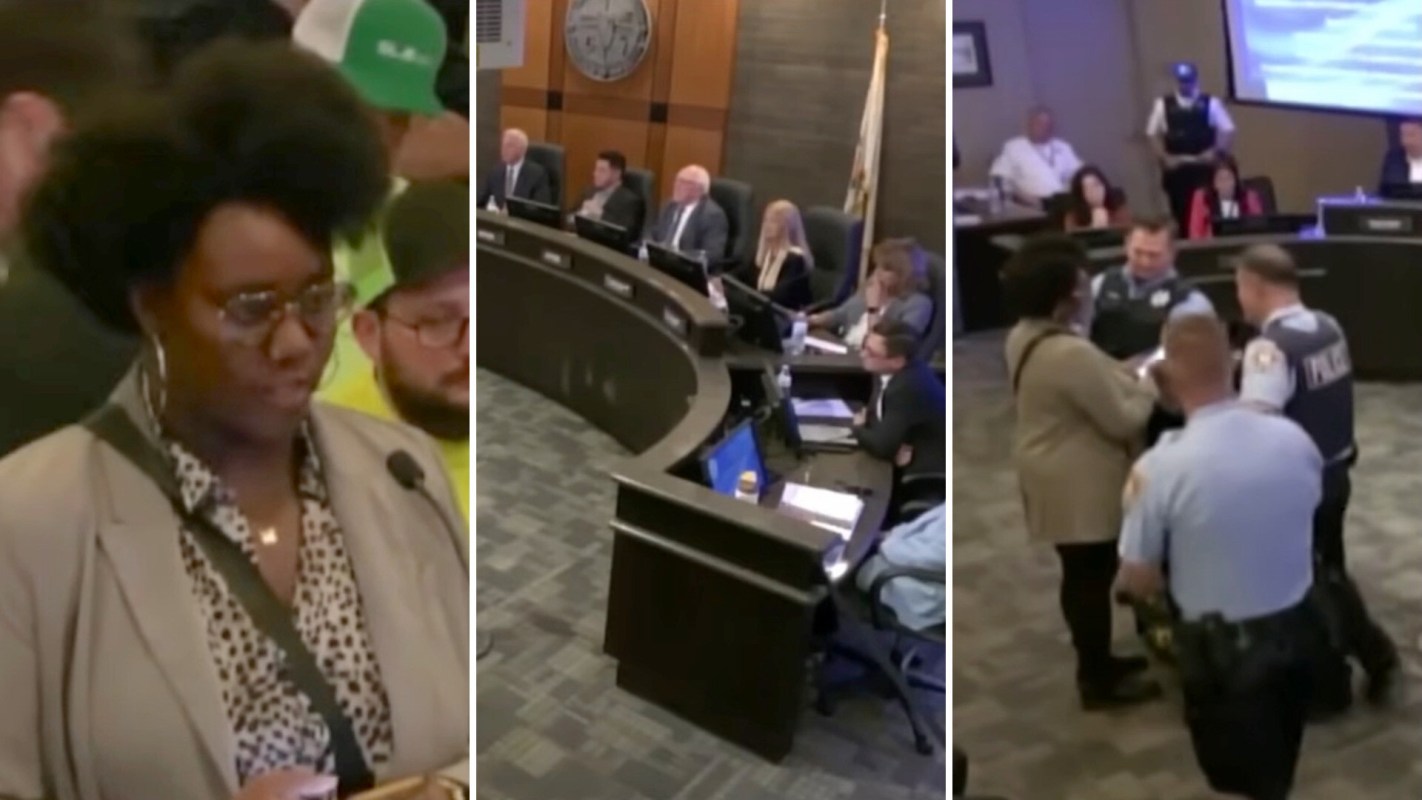 A woman speaks at a public meeting while police intervene in a tense situation at the same event.