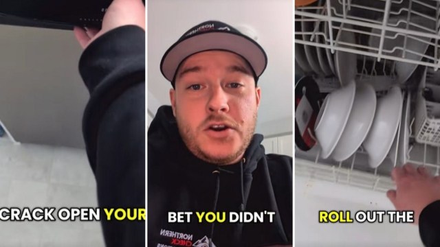 A person in a hoodie talks to the camera while showing a dishwasher filled with clean dishes.