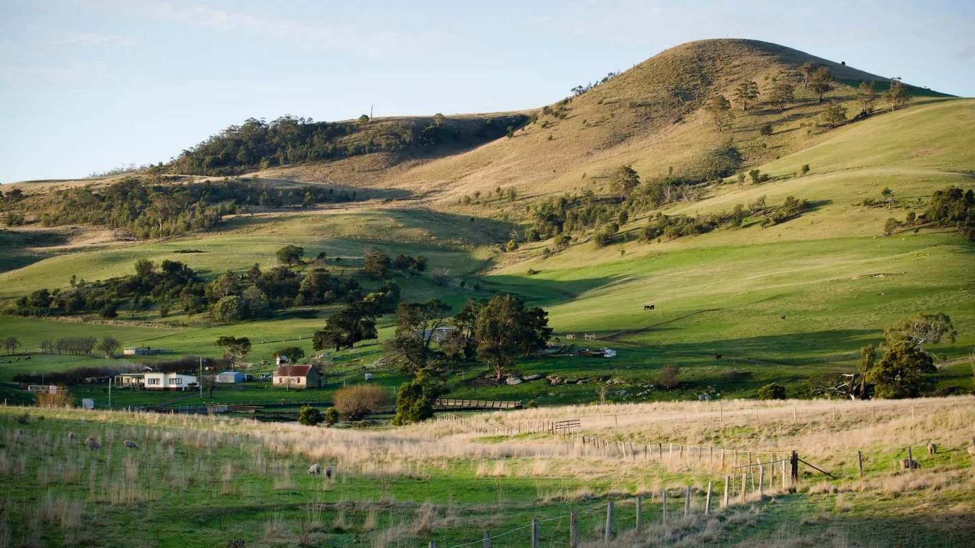 A green landscape with hills, trees, a farmhouse, and grazing animals.
