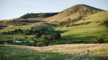 A green landscape with hills, trees, a farmhouse, and grazing animals.