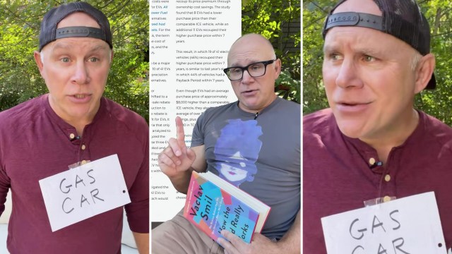 John Cramer discusses EV savings while wearing a sign that reads "GAS CAR," holding a book and expressing gestures.