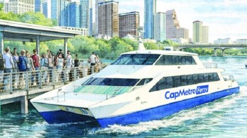 An illustration of a CapMetro ferry approaches a dock with a crowd of passengers and a city skyline in the background.