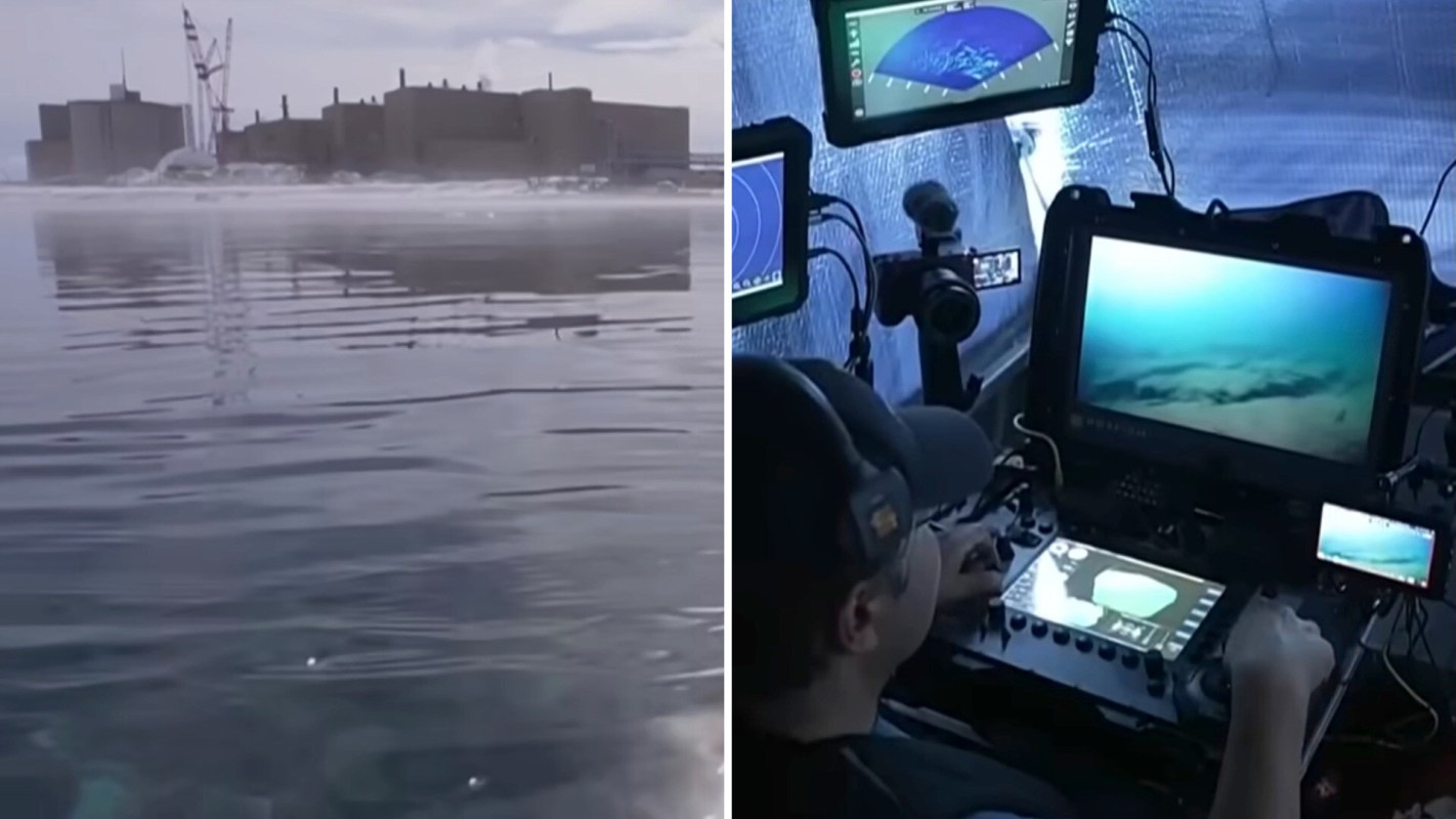 Water by a nuclear power plant is in the left image, and a person looks at a series of cameras in the right image.