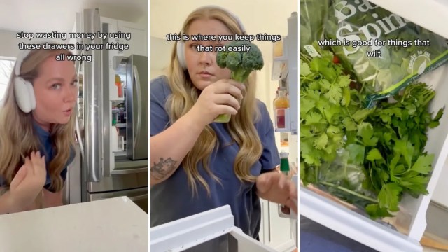 Three stills from a TikTok video showing the best way to store vegetables in the fridge.