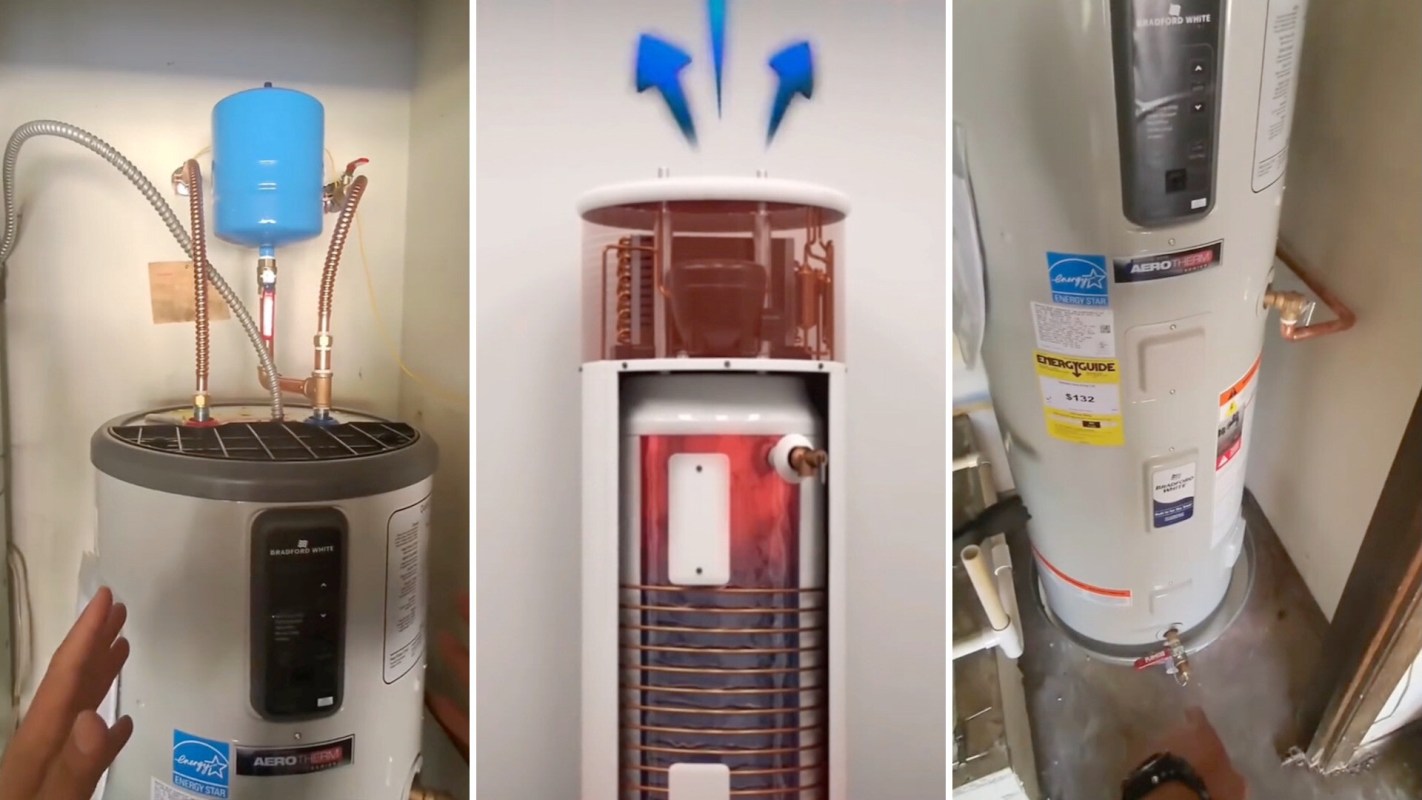 Three views of a heat pump water heater showing various components and connections for heating water.
