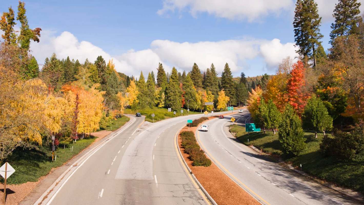 A highway curves to the right, with fields of dry grass and trees in the background.