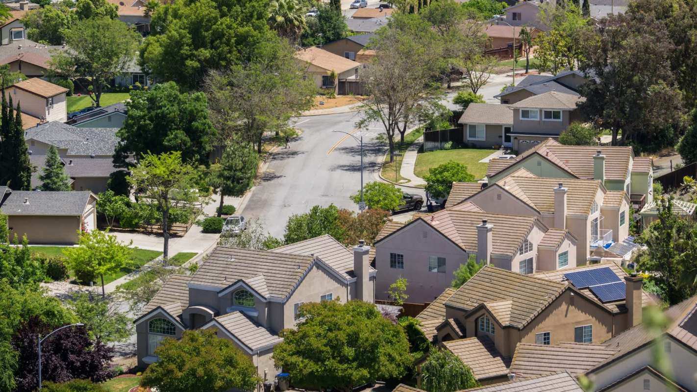An aerial view of a residential neighborhood in San Jose, California