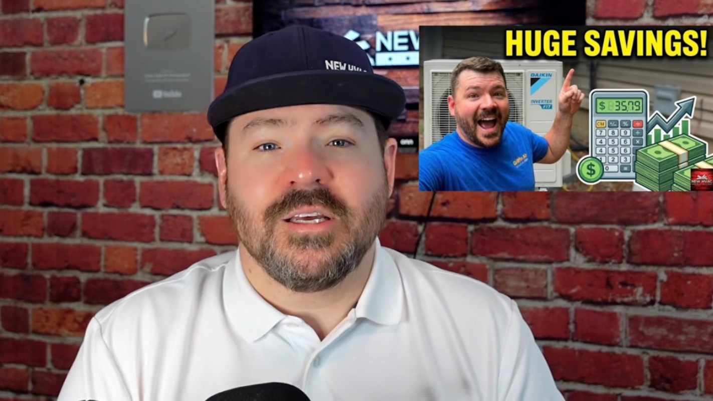 A man in a white shirt and baseball cap promotes big savings with graphics of a calculator and a heat pump in the background.