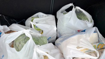 Plastic bags with food in a car trunk.
