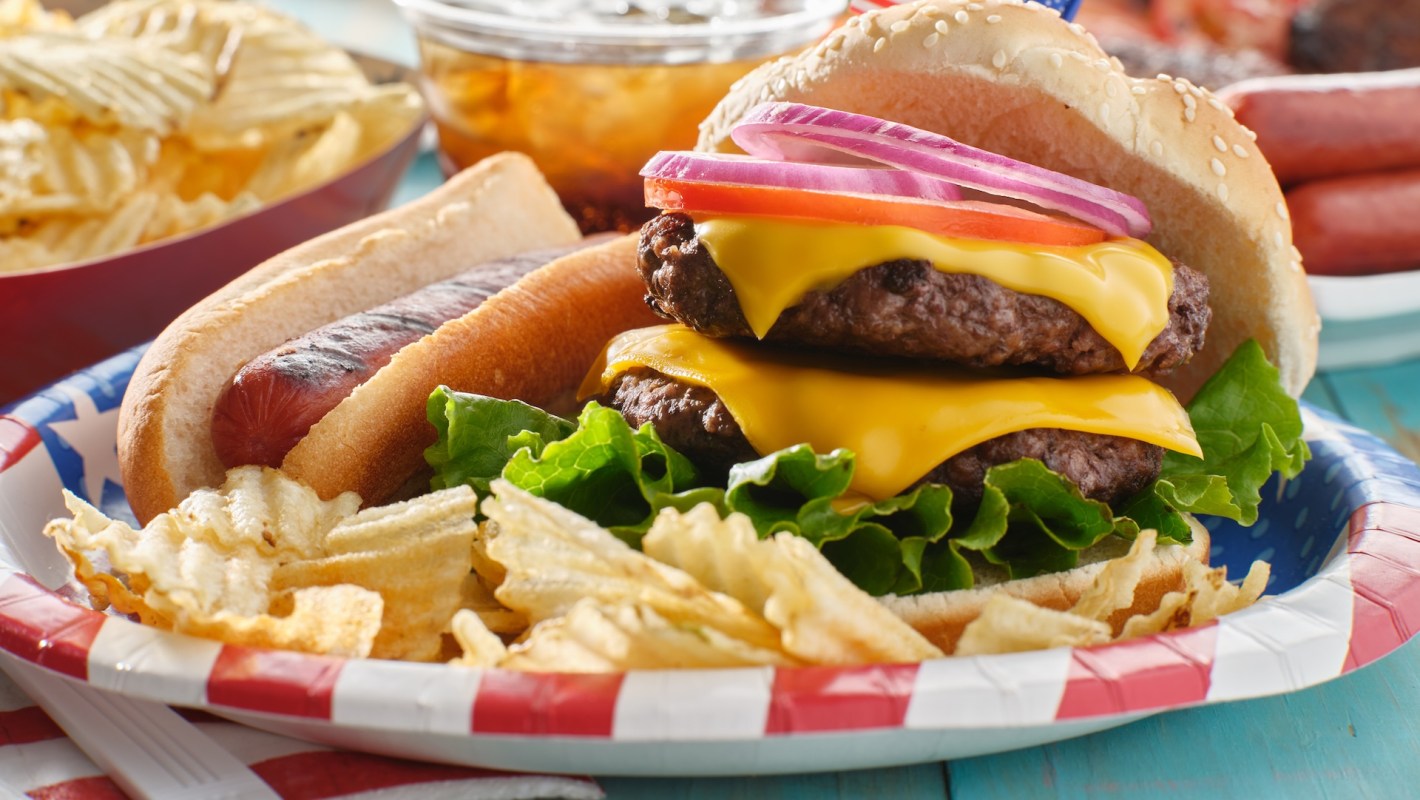 A paper plate with a hot dog, a cheeseburger, and potato chips.