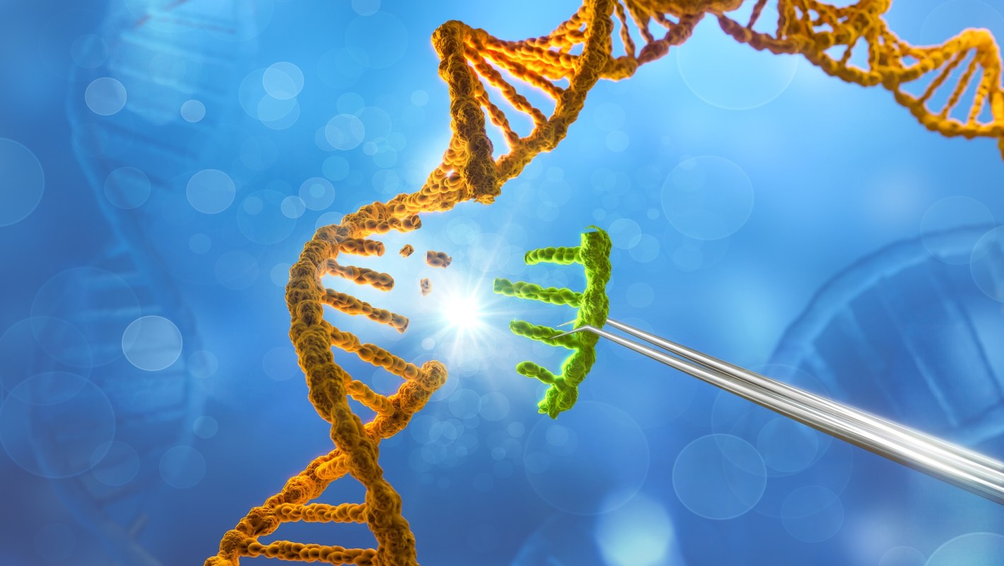 A digital illustration of DNA strands with a green segment being manipulated by tweezers.