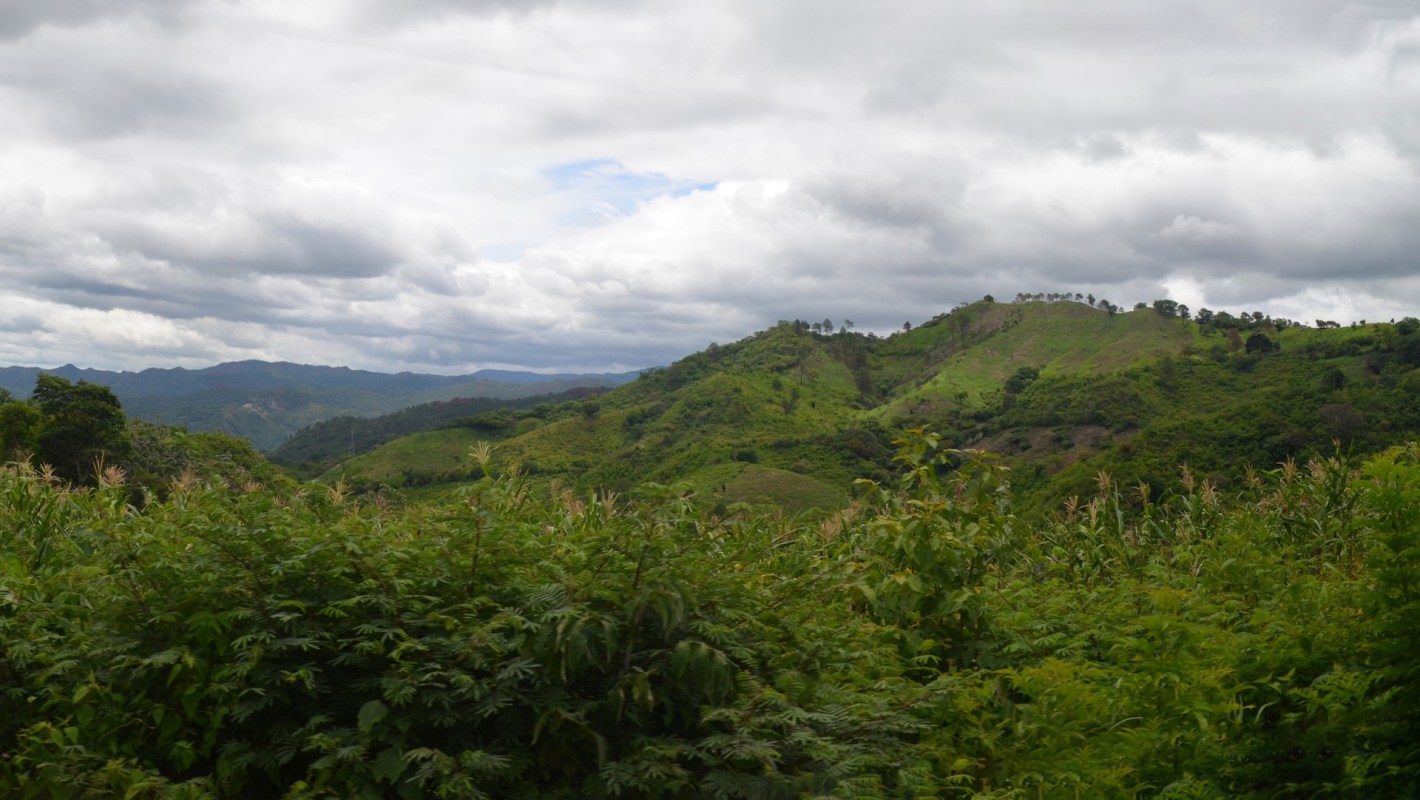 Lush green hills under a cloudy sky, showcasing a scenic landscape rich in vegetation.