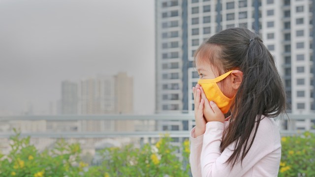 A child with a yellow cloth mask looks at polluted air.