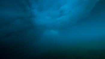 An underwater view of a deep blue ocean with soft, blurred, light filtering through a layer of ice above.