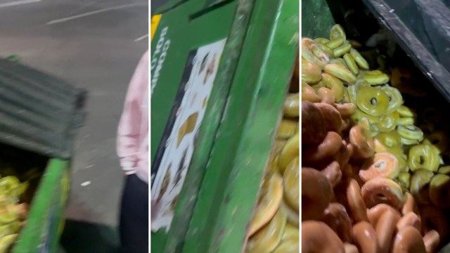 A close-up of a green dumpster filled with discarded food items, including circular pastries.
