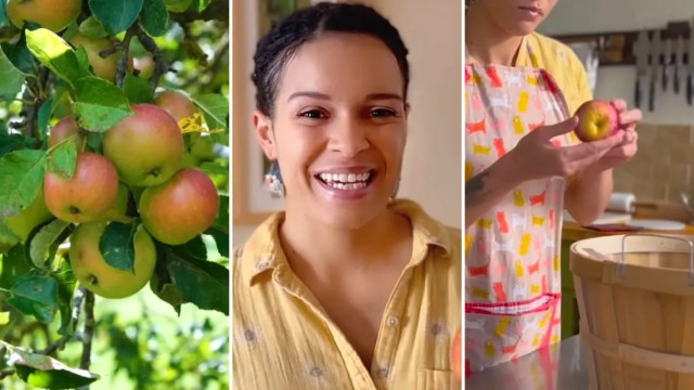Three stills from a YouTube video showing an old-fashioned storage method for apples.
