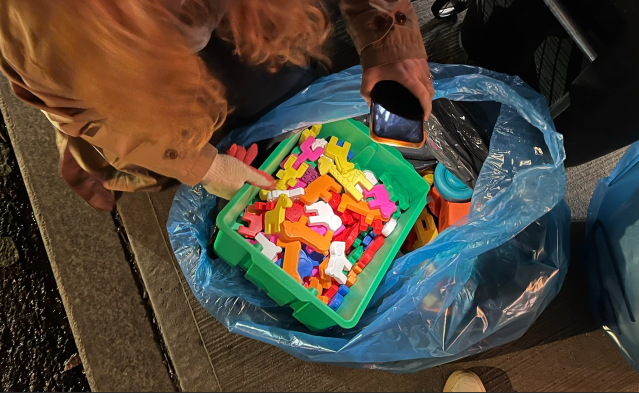 Sacks uncovered a large pack of children's blocks that she later left out on a well-lit bench near an apartment building.