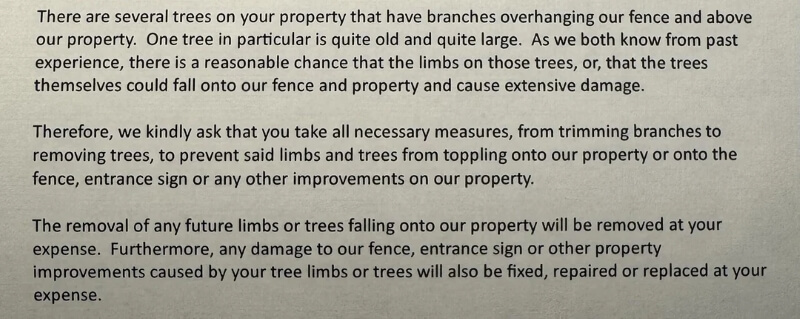 Text from a letter asking the Redditor to remove trees and limbs overhanging the HOA's property.