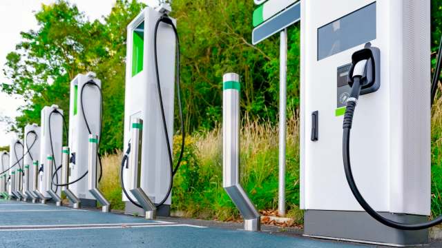A row of electric vehicle charging stations in a green, outdoor setting.