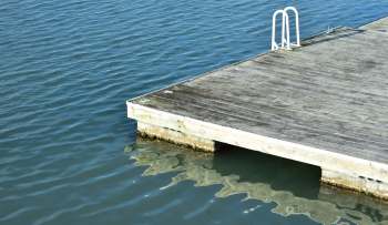 A wooden dock on calm water.