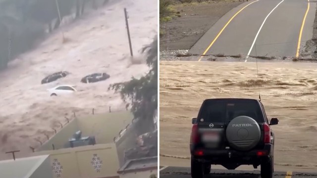 A split image shows flooded cars and a submerged road due to heavy rainfall and rising water levels.