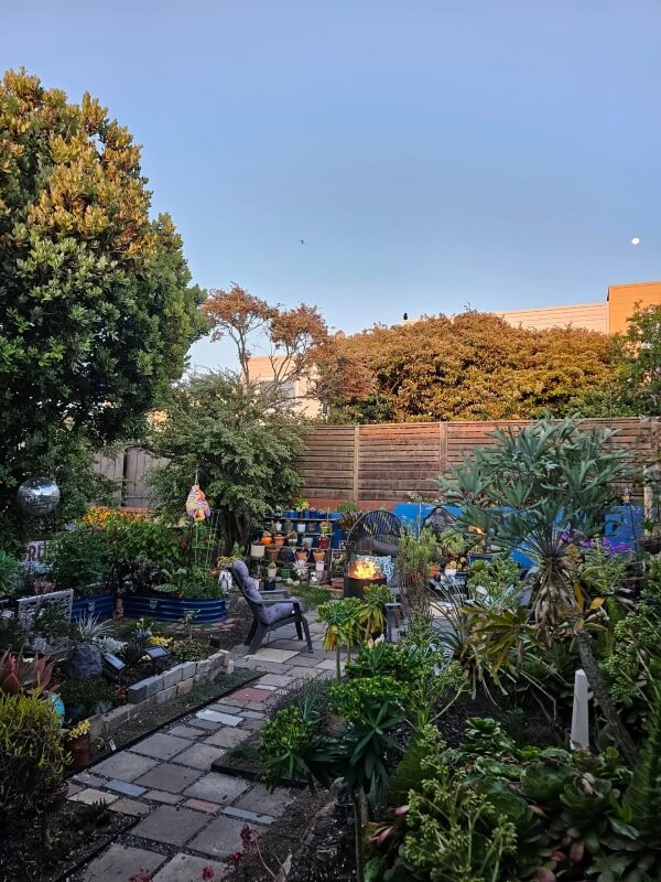 An updated photo of the garden in which the lawn has been replaced by larger garden beds, with a path through the middle leading to seating.