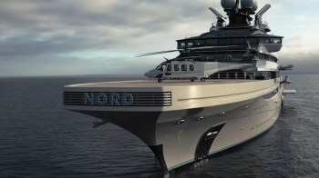 A luxurious superyacht named "NORD" with a helicopter on its deck, cruising in calm waters under a cloudy sky.