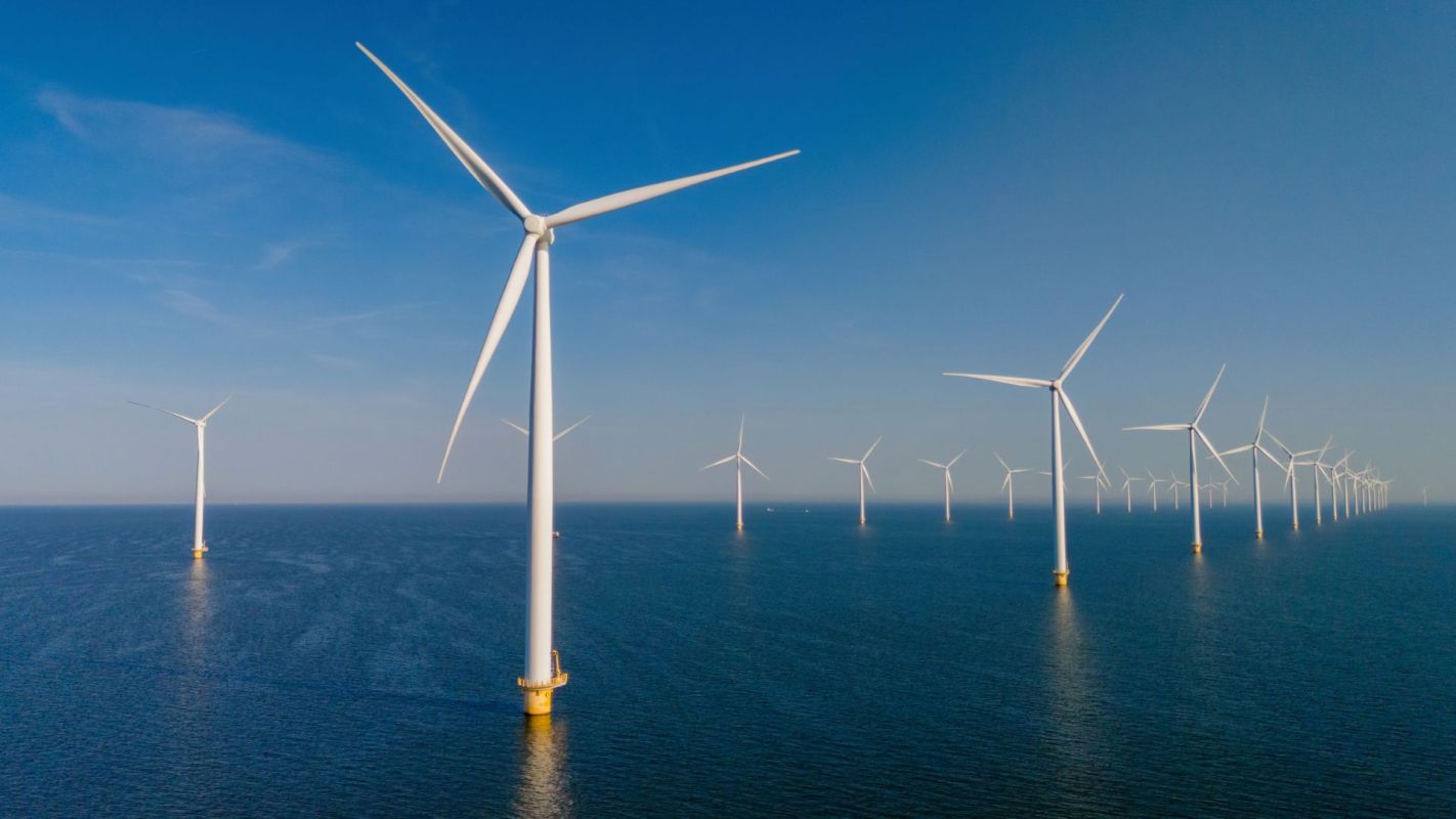 Offshore wind turbines.