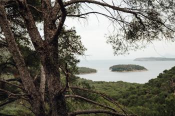 A view of a tranquil bay with two small islands surrounded by lush greenery and a cloudy sky.