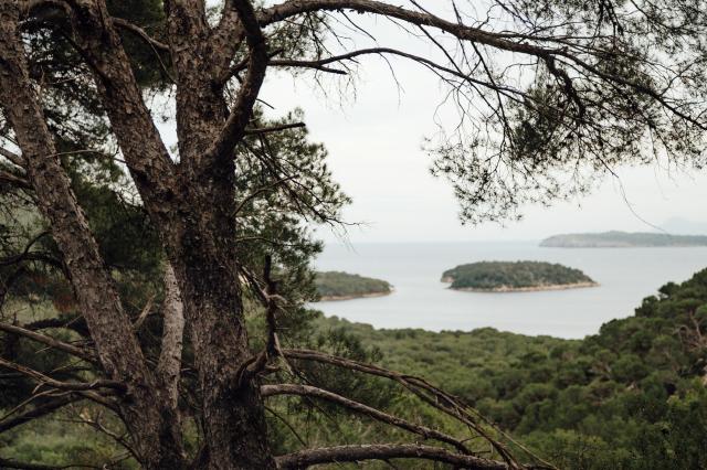 A view of a tranquil bay with two small islands surrounded by lush greenery and a cloudy sky.