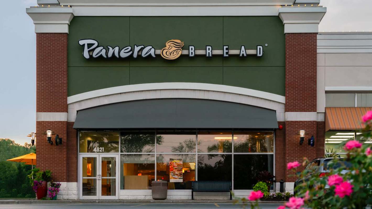 A Panera Bread restaurant featuring a green exterior, large windows, and ornamental plants in front.