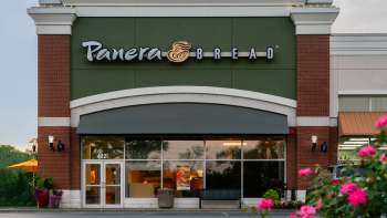 A Panera Bread restaurant featuring a green exterior, large windows, and ornamental plants in front.