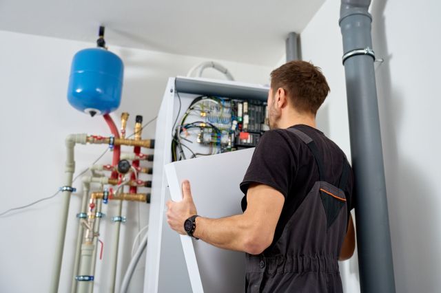 Technician looking at a heat pump water heater.
