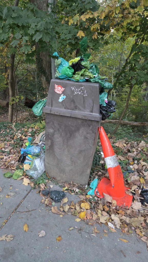 An overflowing trash can near a sidewalk covered with fallen leaves, littered with plastic bags and an orange traffic cone.